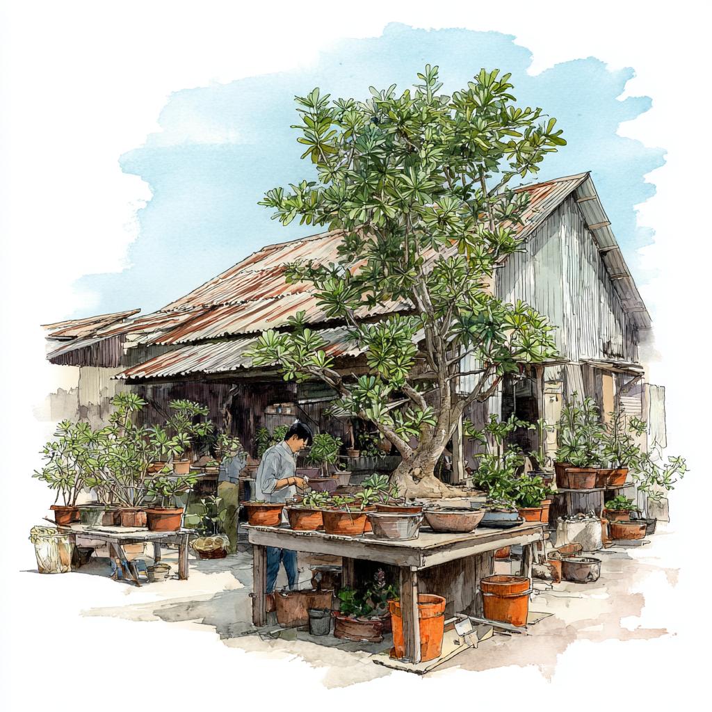 A cultivator tending bonsai specimens — the art of patient selection