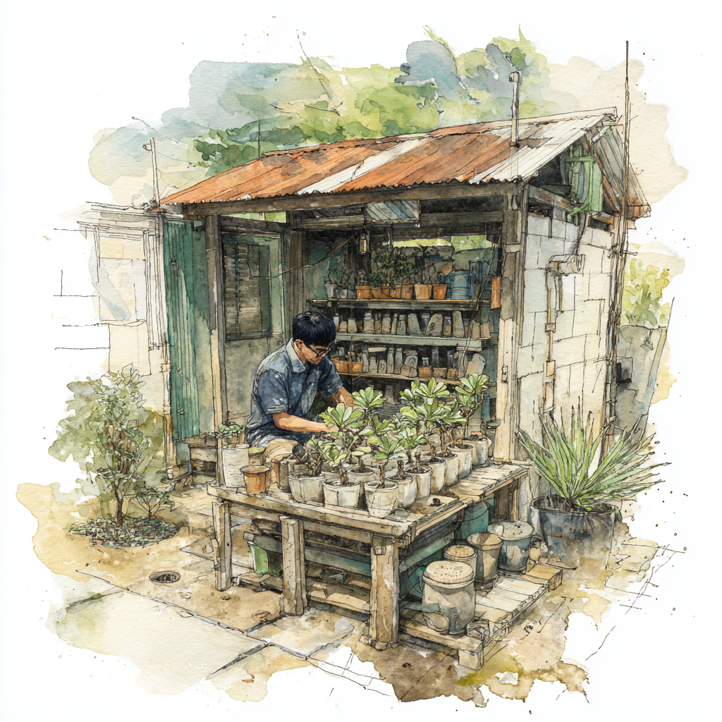 Thai nursery cultivator tending Adenium at a rustic potting shed